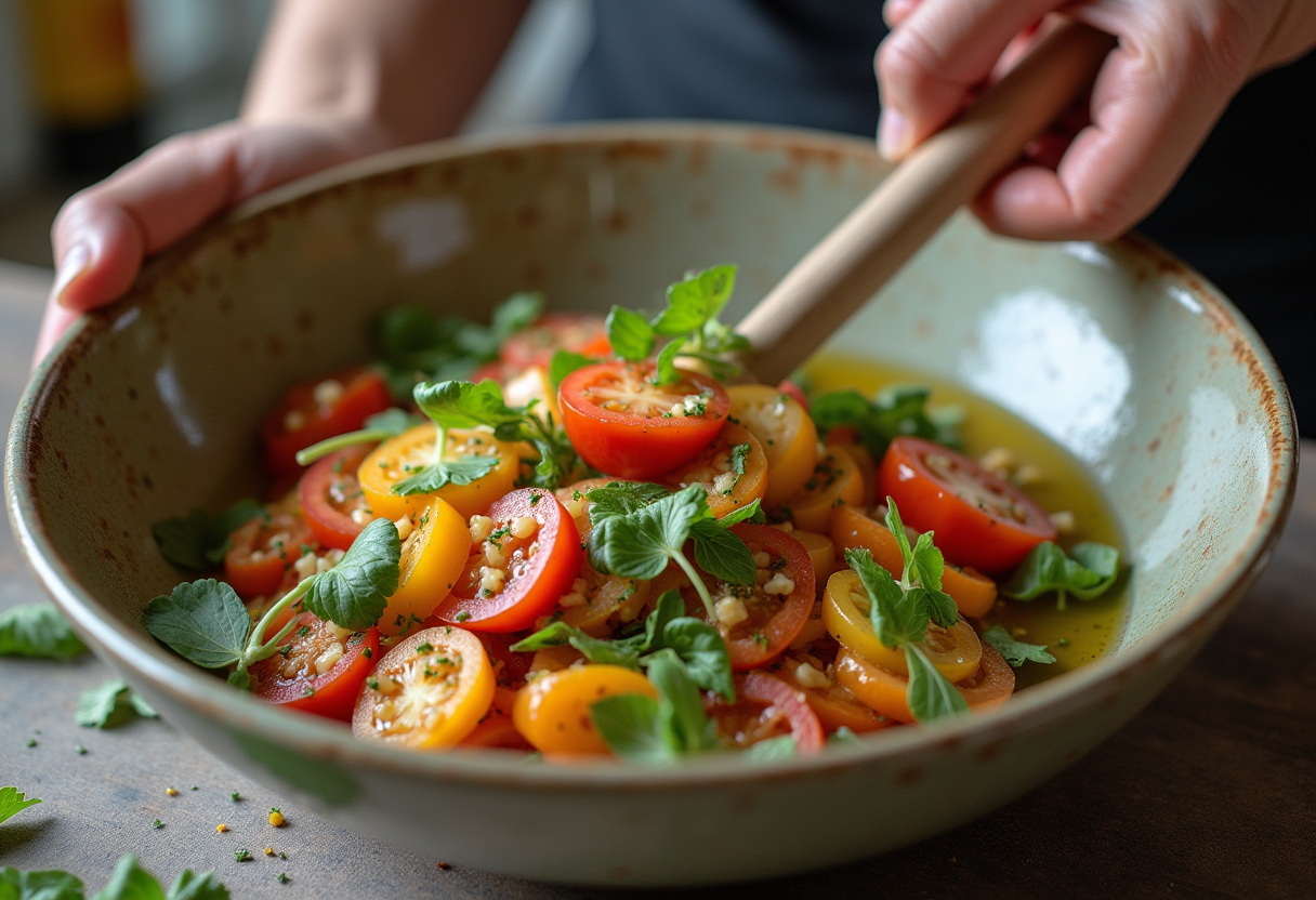 Mixing seasonings into the fresh vegetables for typical Andalusian pipirrana dish.