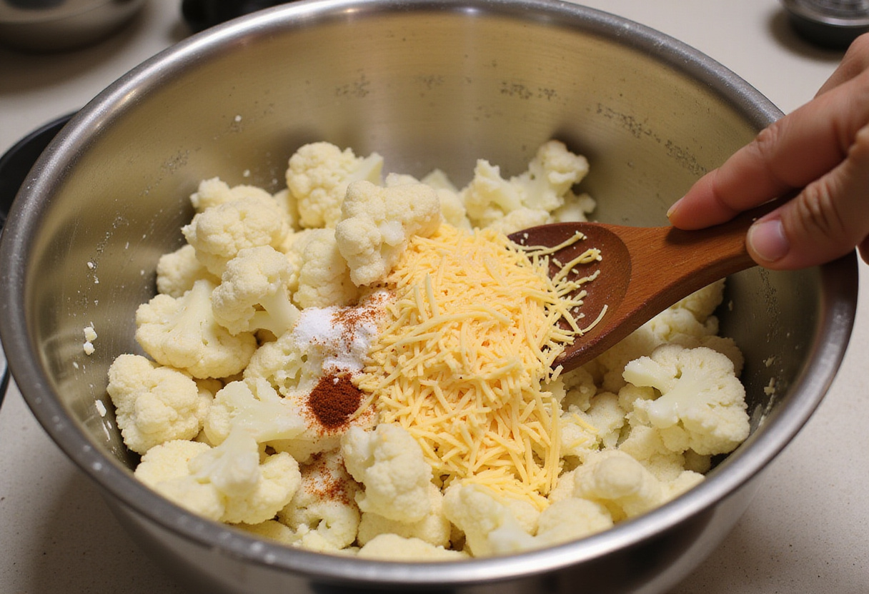 Mezcla de coliflor rallada con queso y especias para hacer pizza de coliflor.