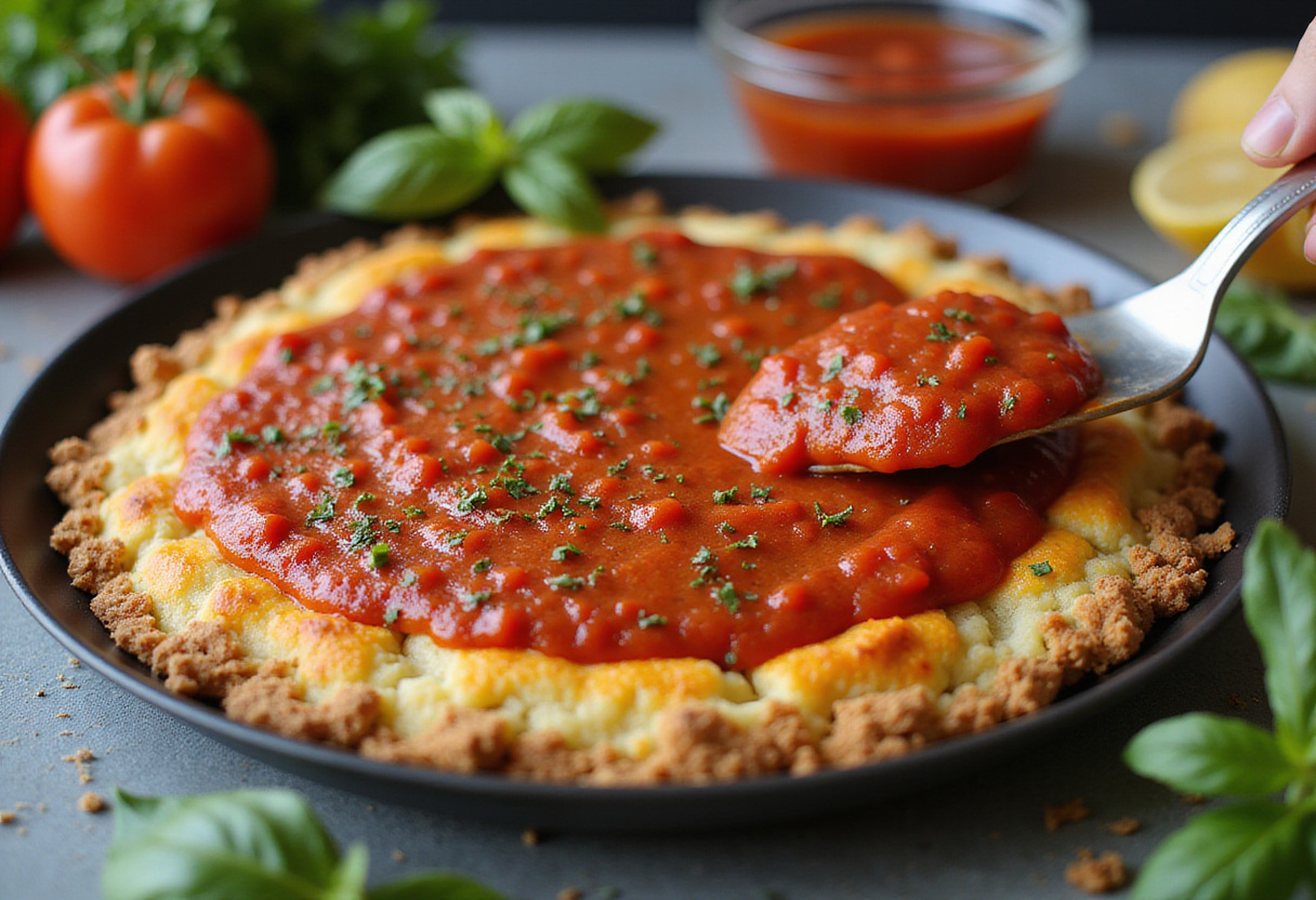 Salsa de tomate aplicada sobre la base de coliflor para pizza de coliflor.