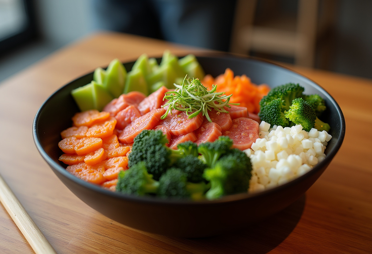 Poke bowl de tofu y brócoli perfectamente presentado, ideal para recetas saludables y comidas frescas.