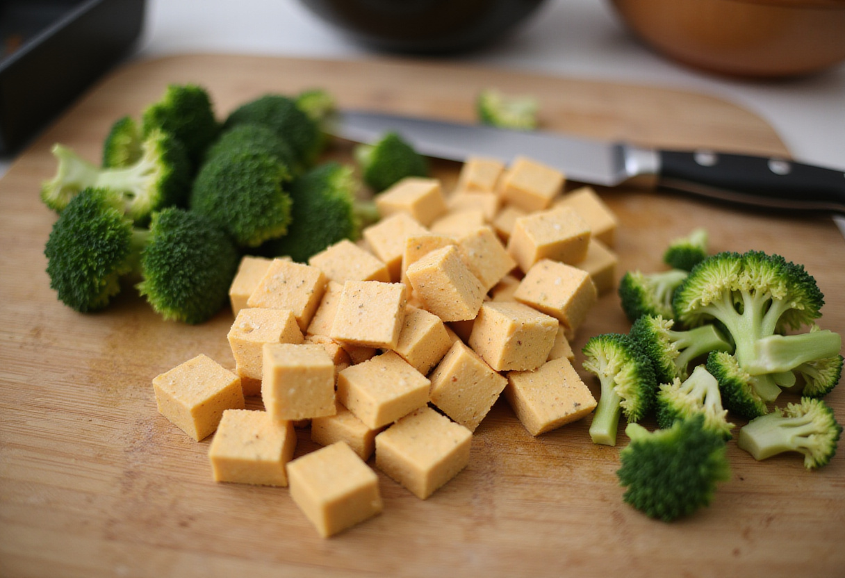 Ingredientes frescos para poke bowl de tofu, incluyendo tofu y brócoli, dispuestos en una tabla de cortar.