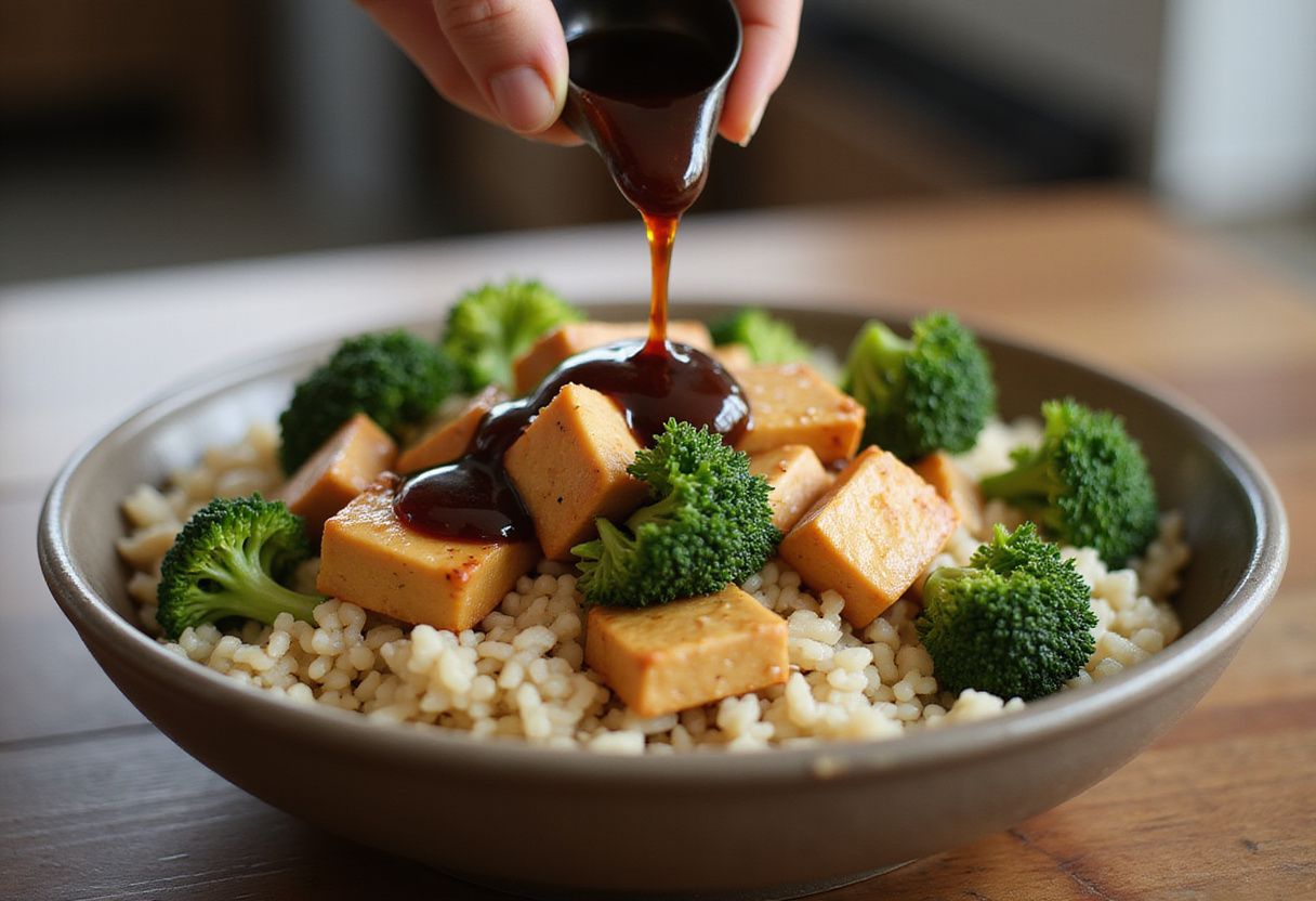 Preparación de poke bowl de tofu con arroz, tofu y brócoli, mientras se añade salsa de soya.