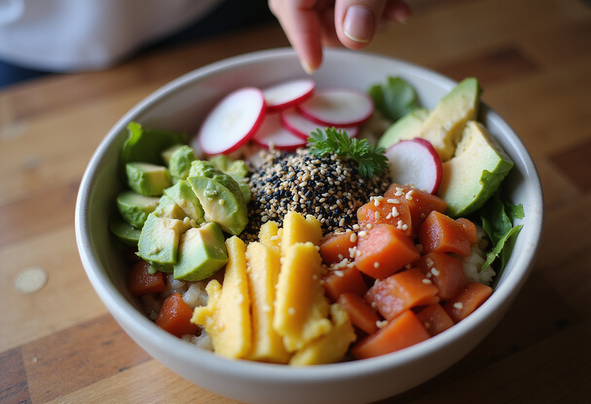 Añadiendo toppings coloridos a un poke bowl de tofu y brócoli, como rábanos y aguacate.