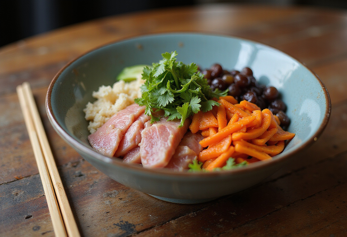 Poke bowl saludable presentado de manera atractiva, preparado con ingredientes frescos y coloridos.