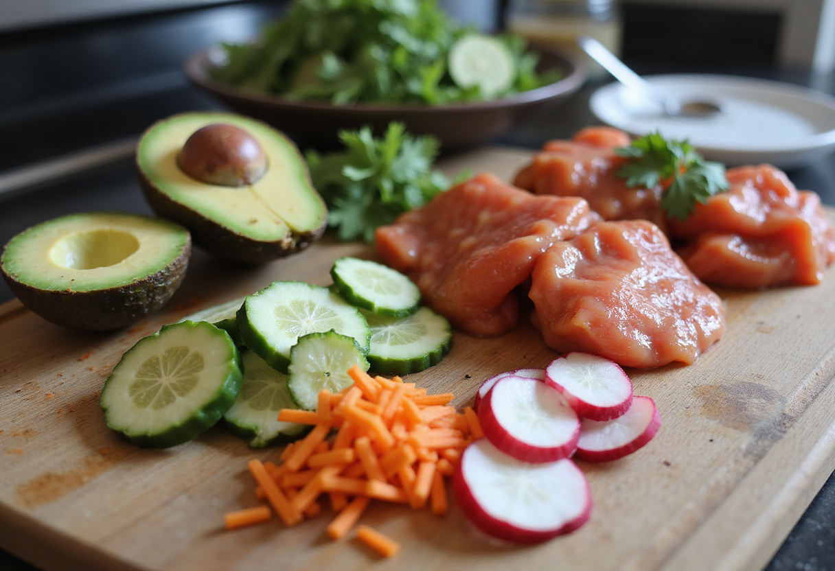 Ingredientes frescos para preparar un poke bowl saludable, como aguacate, pepinos y rábanos.