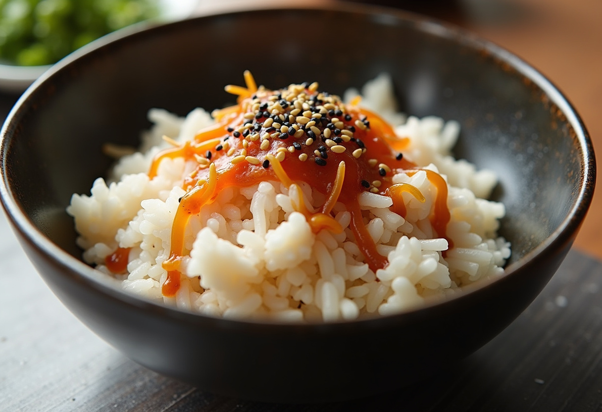 Arroz sushi sazonado con salsa de soja para un poke bowl saludable.