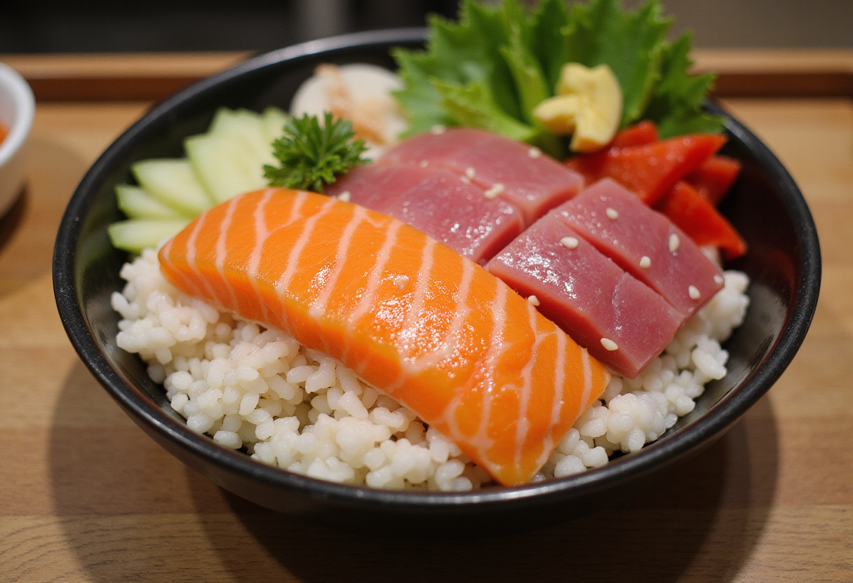 Pescado sashimi y verduras frescas organizados en un poke bowl saludable.