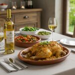 Pollo al ajillo crujiente listo para disfrutar en una mesa festiva.