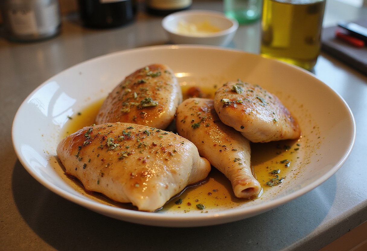Pollo al ajillo crujiente marinado en ajo y especias en un tazón.