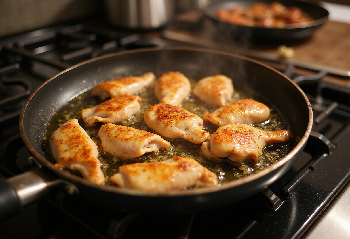 Pollo al ajillo crujiente cocinándose en una sartén con aceite caliente.