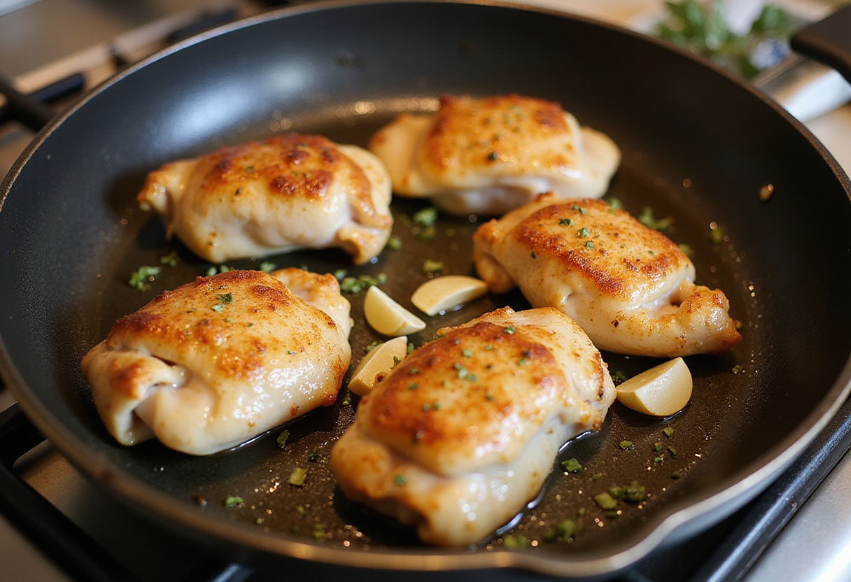 Pollo al ajillo crujiente dorándose en la sartén con ajo y hierbas.