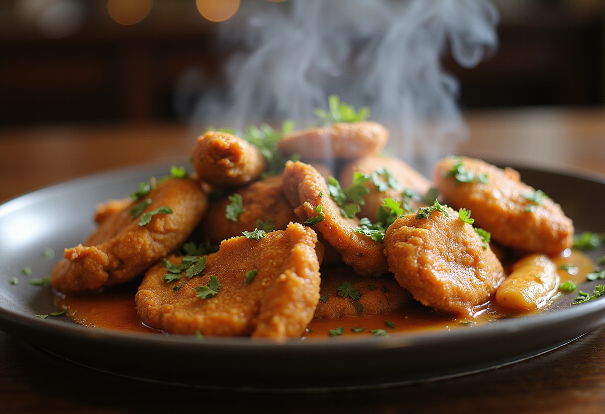 Pollo al ajillo crujiente dispuesto en un plato para servir, decorado con perejil fresco.