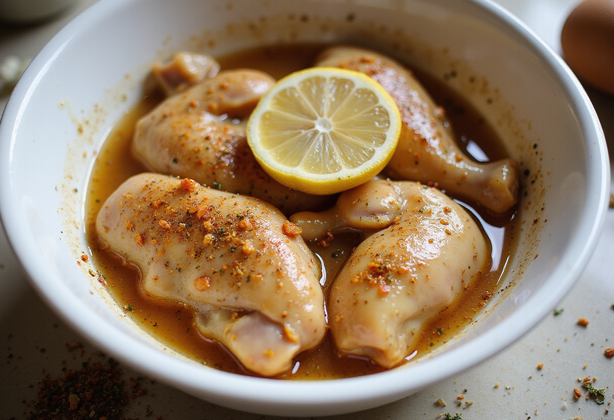 Pollo al horno marinado con limón y miel en un tazón, preparando la receta de pollo.