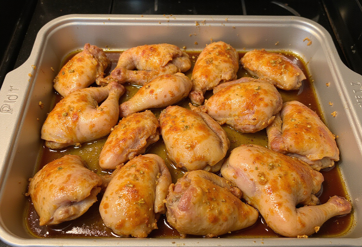 Pollo marinado en un molde, listo para el horno en la receta de pollo al horno.