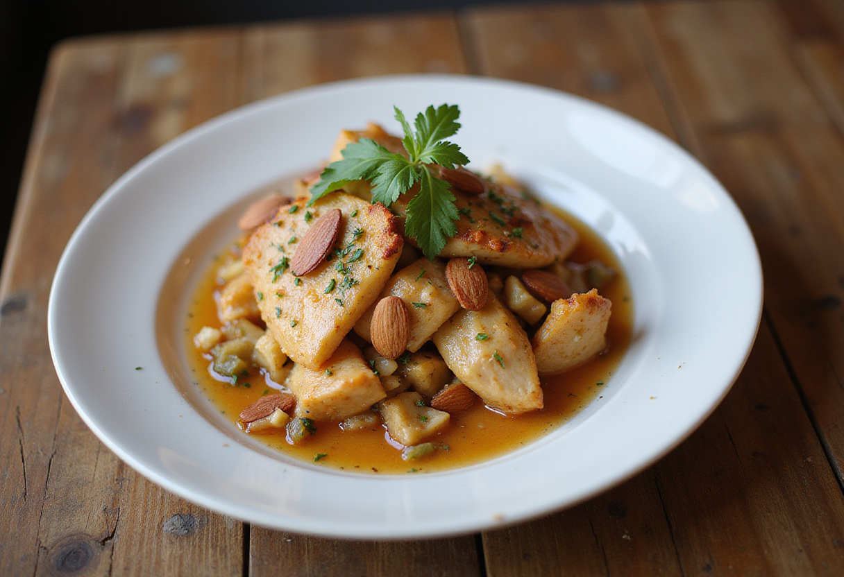 Finished pollo con salsa de almendras served elegantly, perfect for family gatherings.