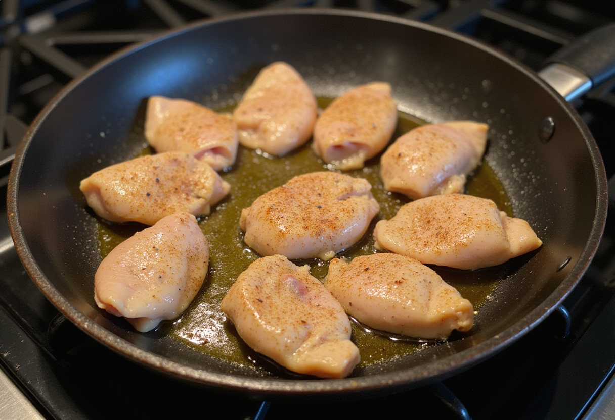 Pollo con salsa de almendras ingredients prepared in a skillet ready to cook.