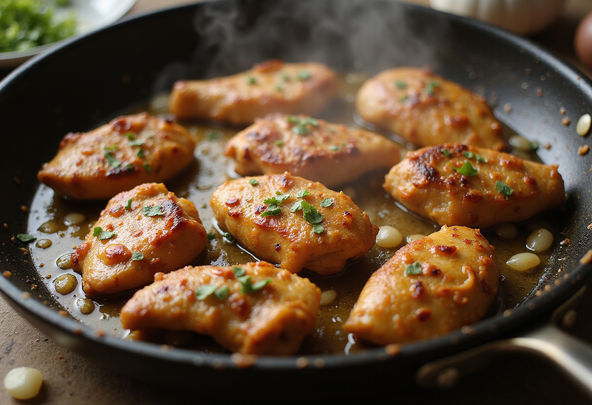 Sautéing chicken for pollo con salsa de almendras in a skillet, enhancing the flavors.