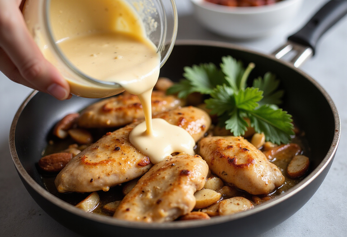 Pouring almond sauce over chicken for pollo con salsa de almendras for rich flavor.