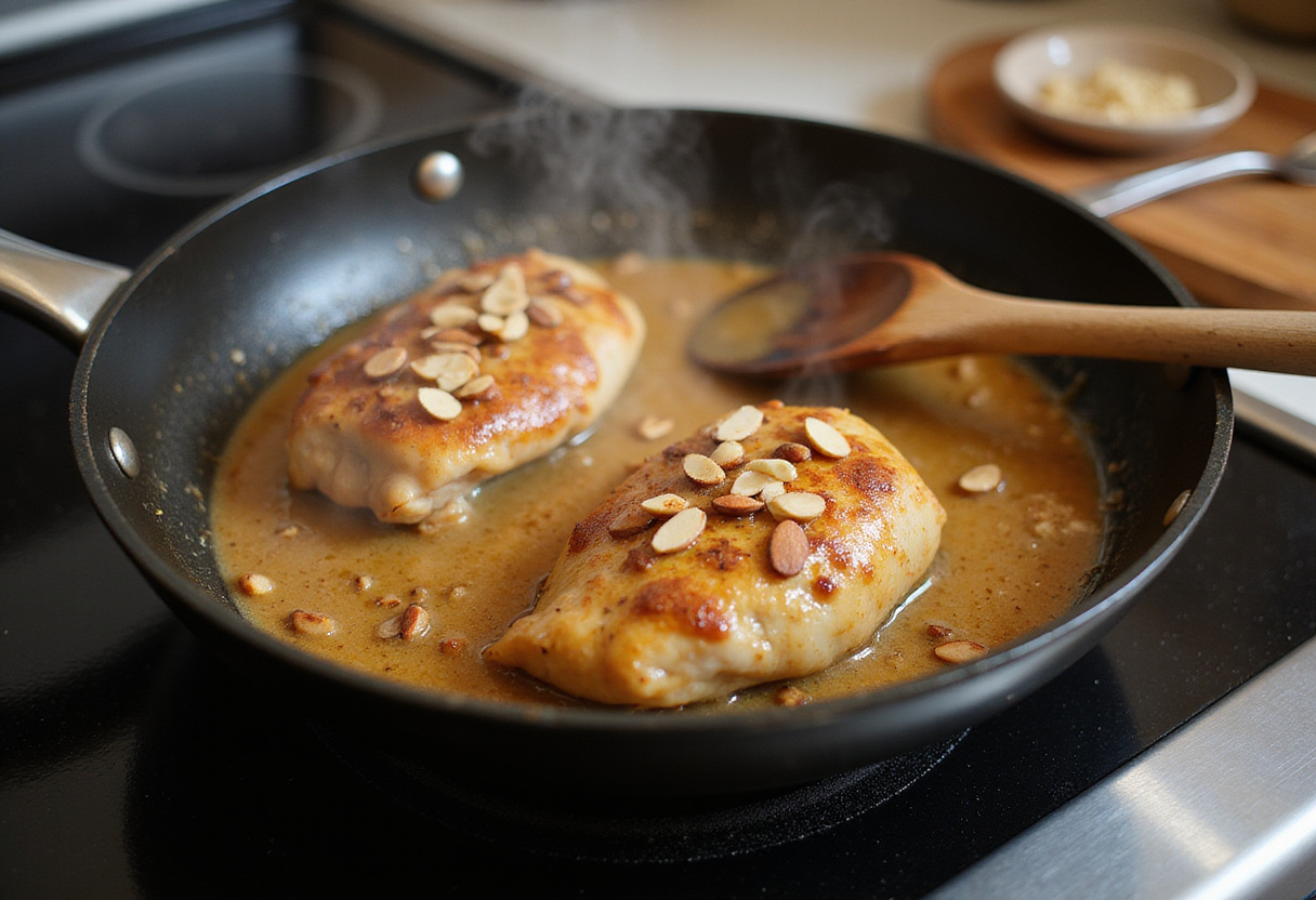 Simmering pollo con salsa de almendras in a skillet, showcasing the delicious sauce.