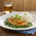 Plato final de pollo con espinacas y crema, ideal para una cena deliciosa.