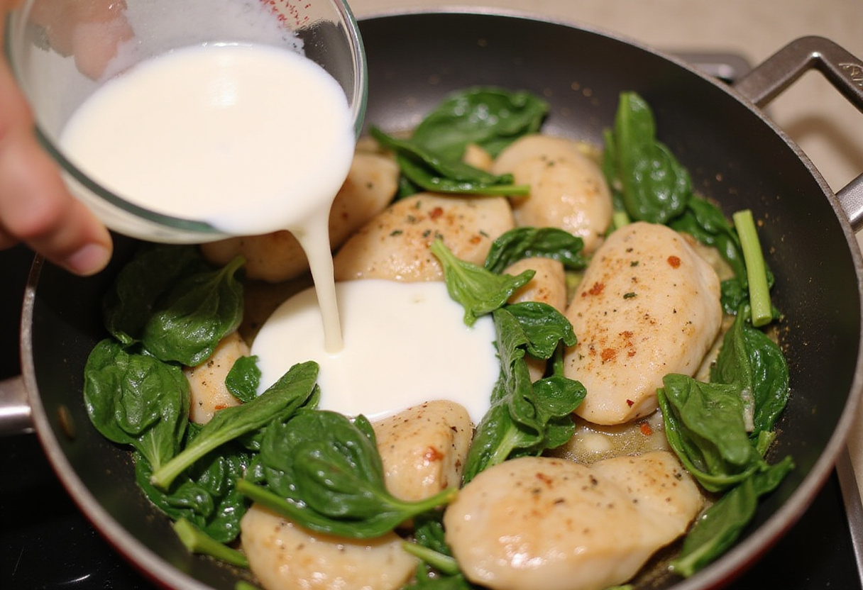 Pollo y espinacas mezclados con crema en la receta de pollo cremoso.
