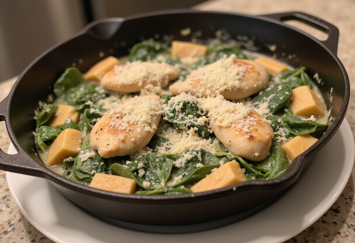 Pollo con espinacas y crema, listo para servir con queso parmesano.