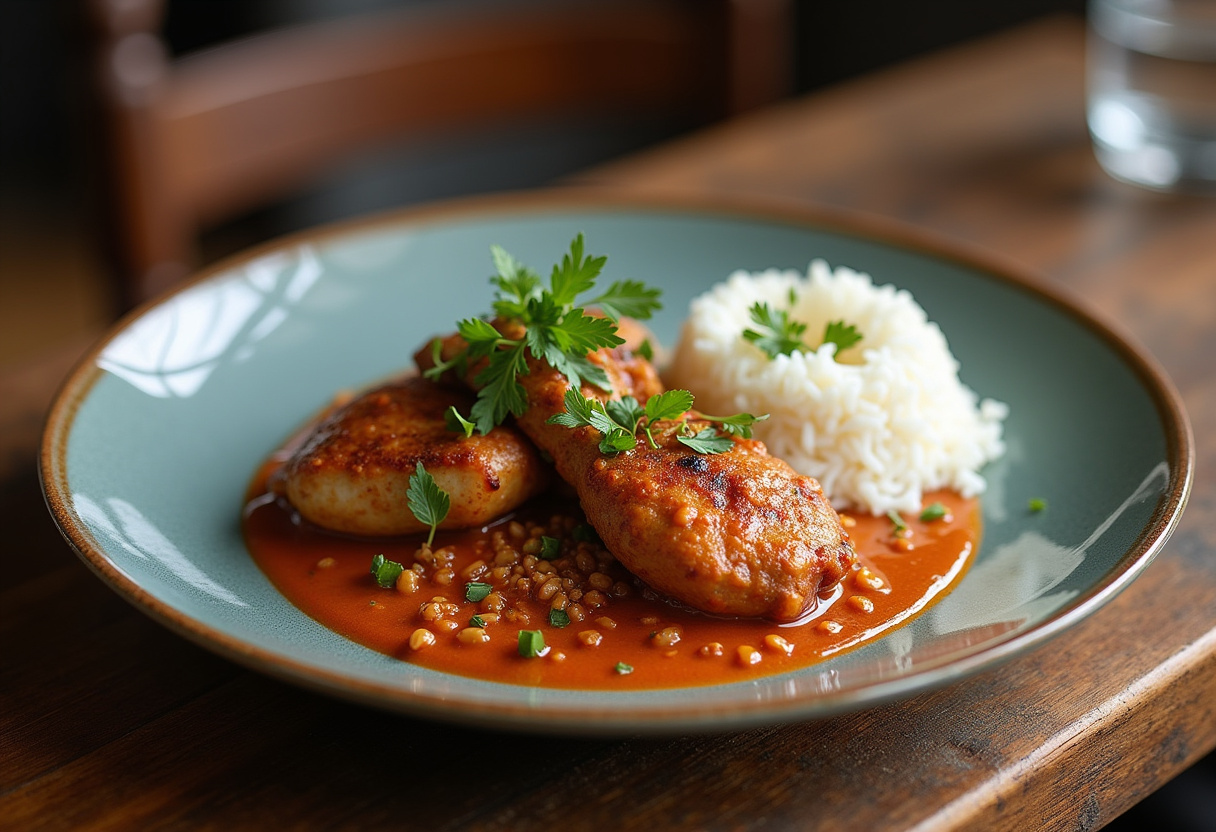 Plato terminado de pollo en pepitoria, con hierbas frescas y arroz, ideal para disfrutar de la receta de pollo pepitoria tradicional.