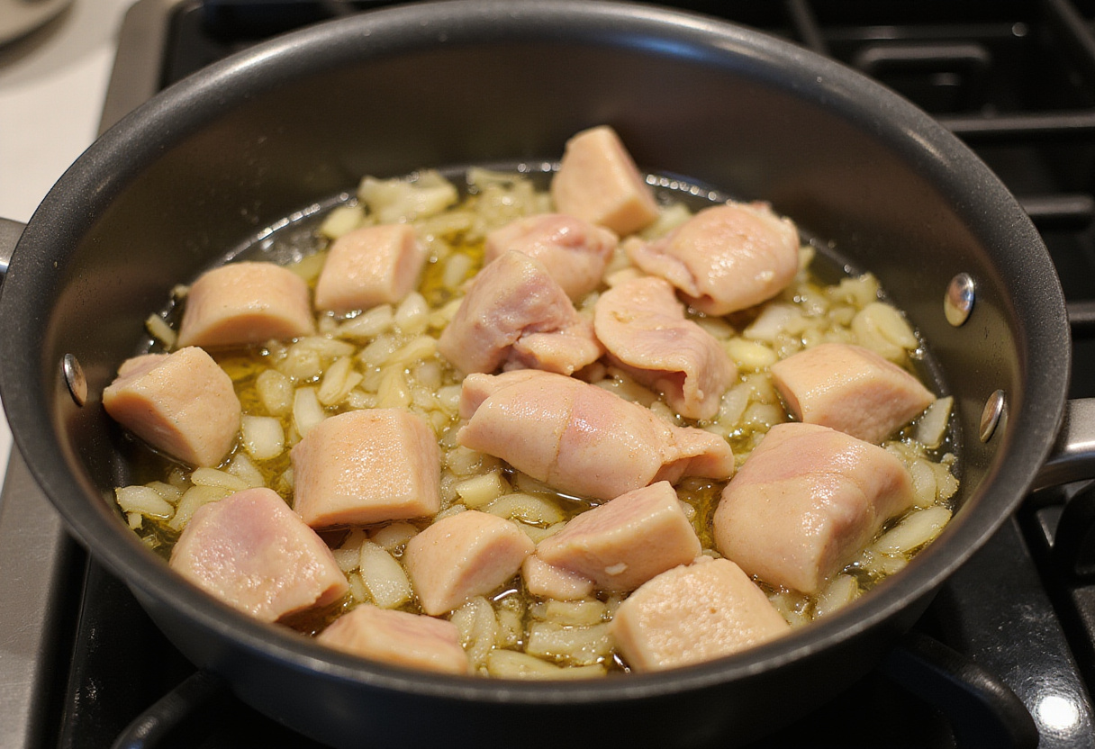 Pollo en pepitoria con pollo troceado dorándose en aceite de oliva, preparándose para la receta de pollo en pepitoria.