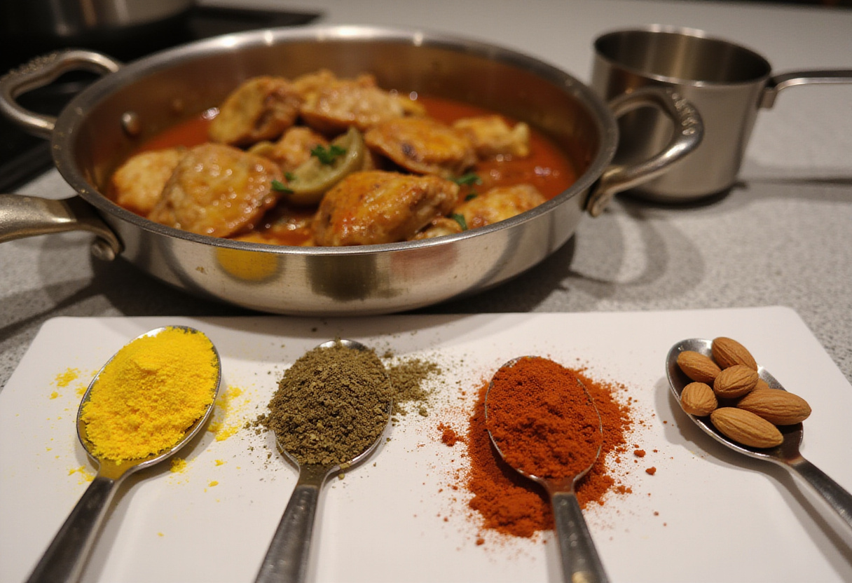 Especias y almendras preparadas para añadir al pollo en pepitoria tradicional.