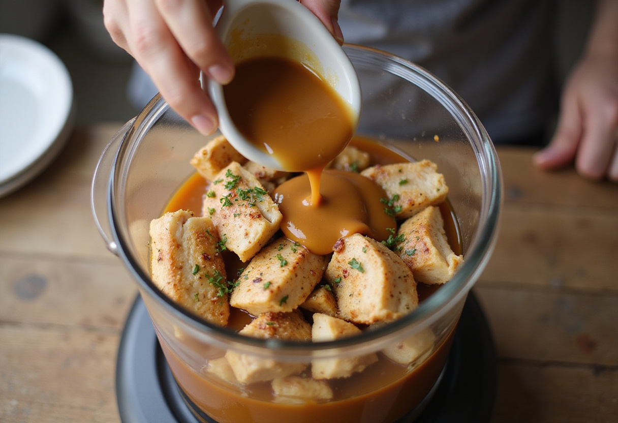 Mezcla de pollo y especias en una licuadora para crear la salsa del pollo en pepitoria fácil.