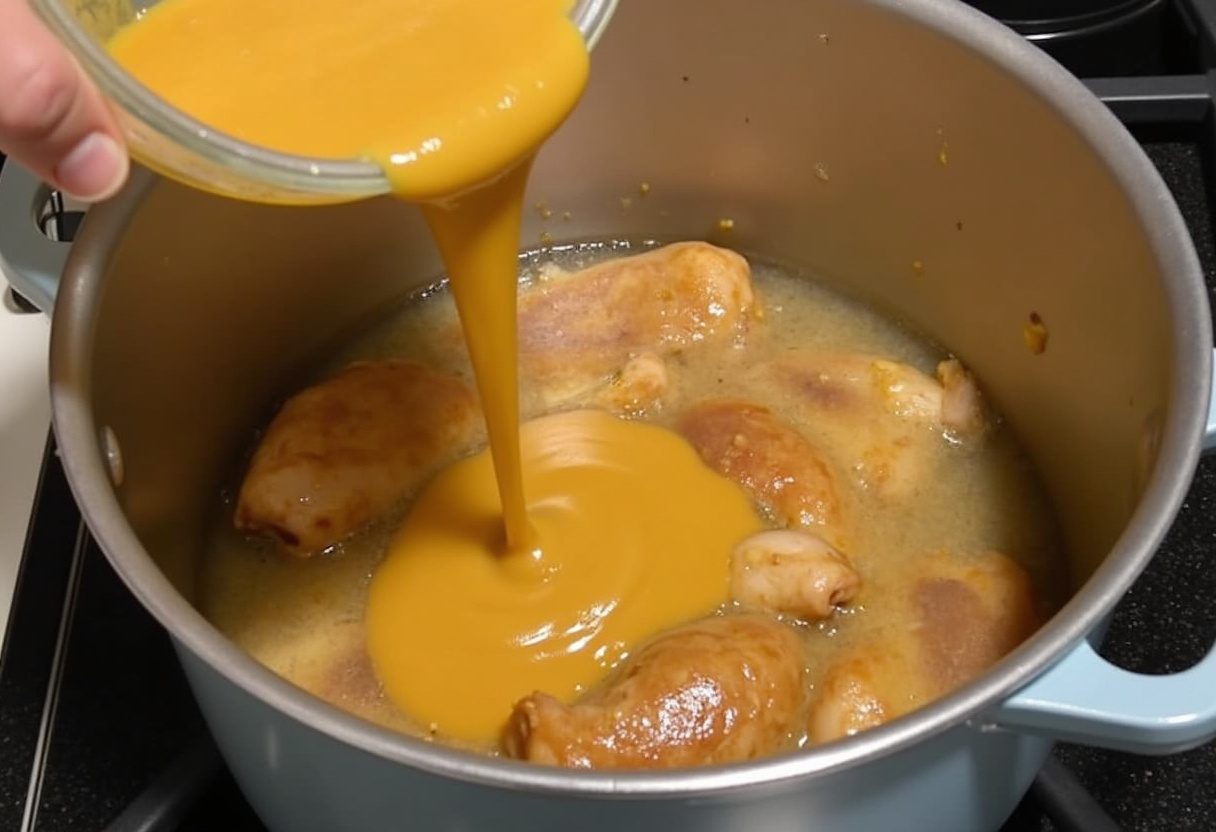 Salsa de pollo en pepitoria vertida sobre el pollo en la estufa, cocinándose a fuego lento.