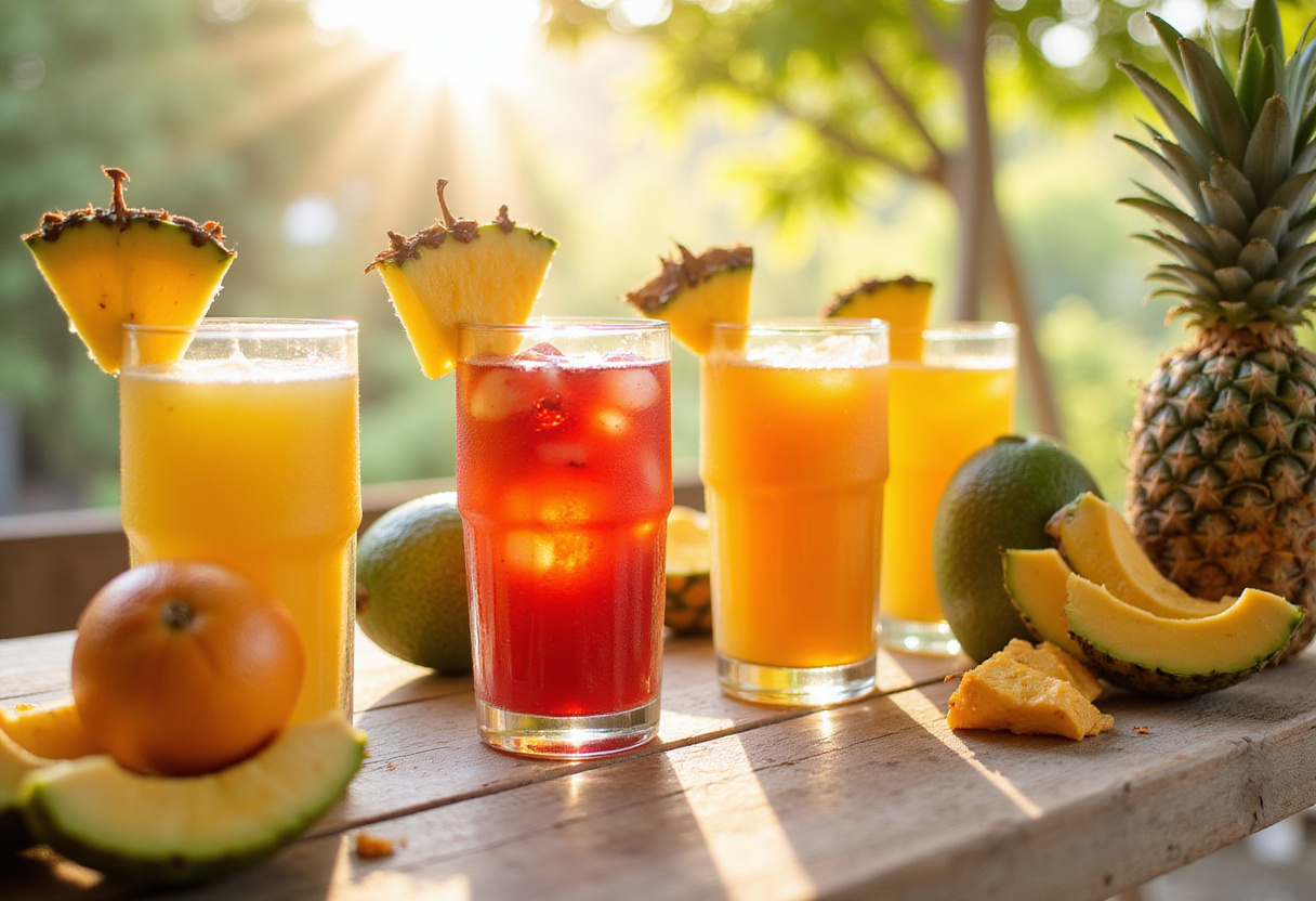 Ponche de piña tropical servido en vasos, ideal para disfrutar en cualquier celebración.