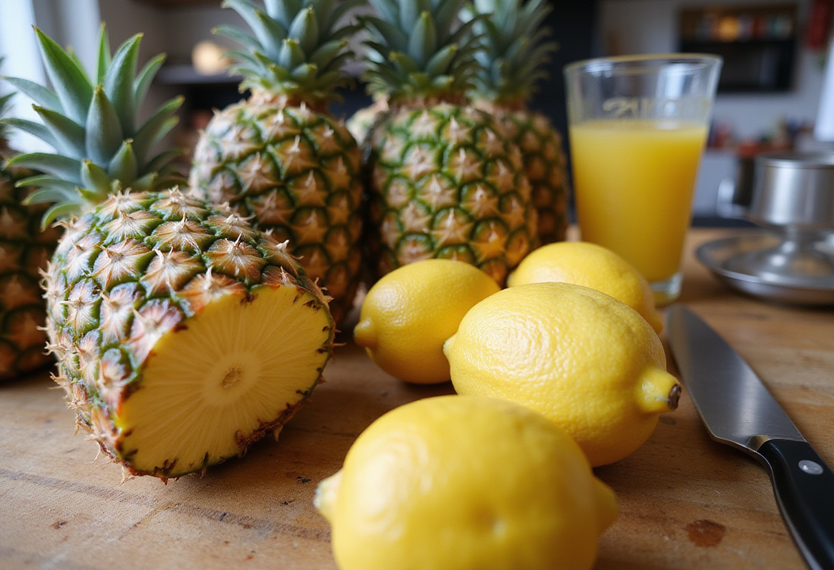 Ingredientes frescos de piña y limón para preparar ponche de piña tropical y limonada.