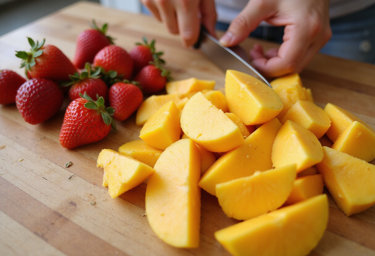 Frutas tropicales picadas para el ponche de piña y limonada, incluyendo mango y fresas.