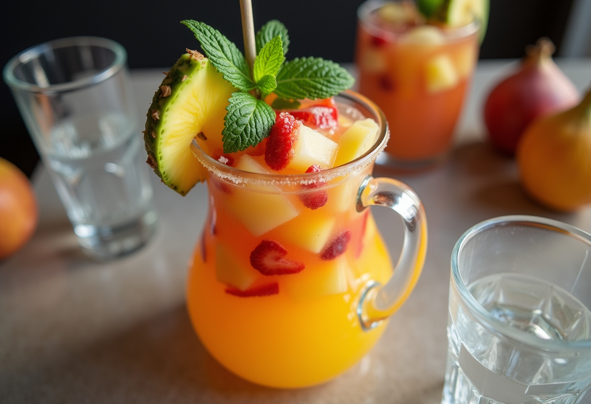 Jarra de ponche de piña tropical decorada con frutas frescas y hojas de menta.