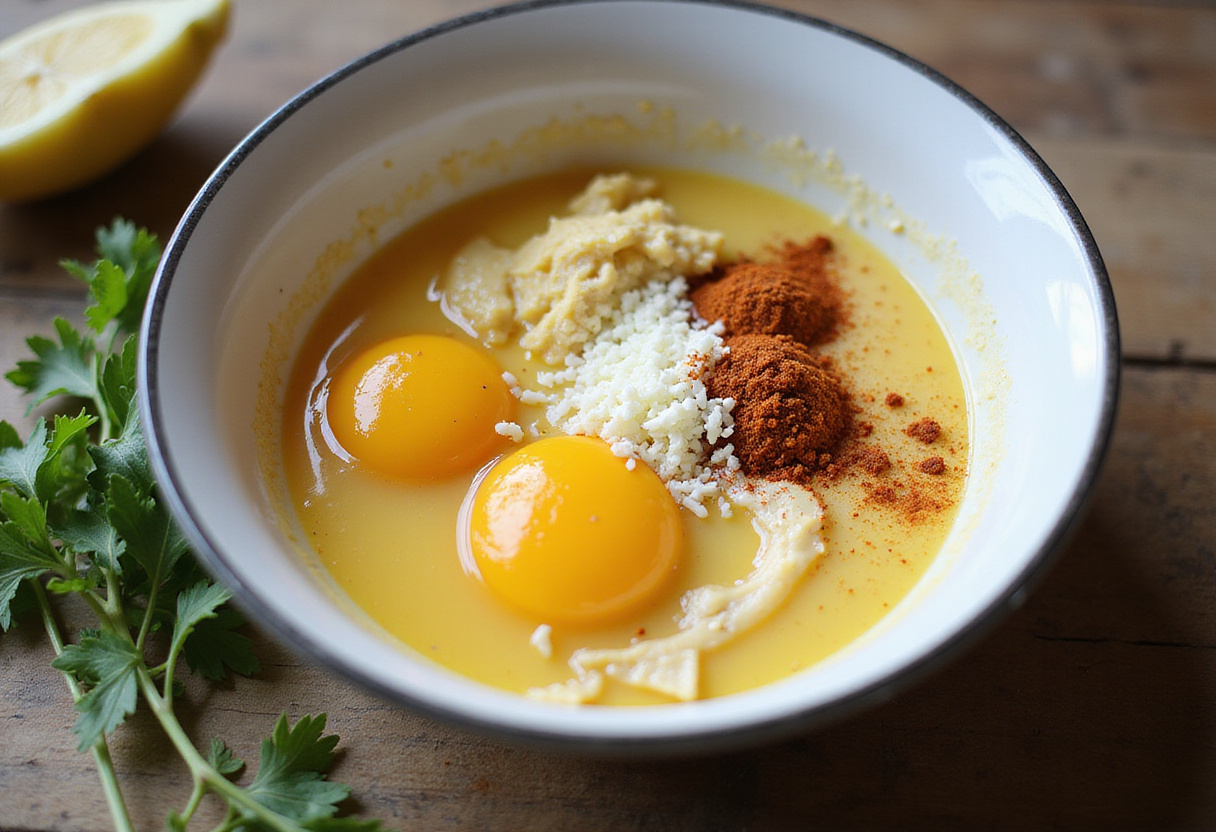 Huevos batidos con especias y queso para quiche sin masa de verduras.