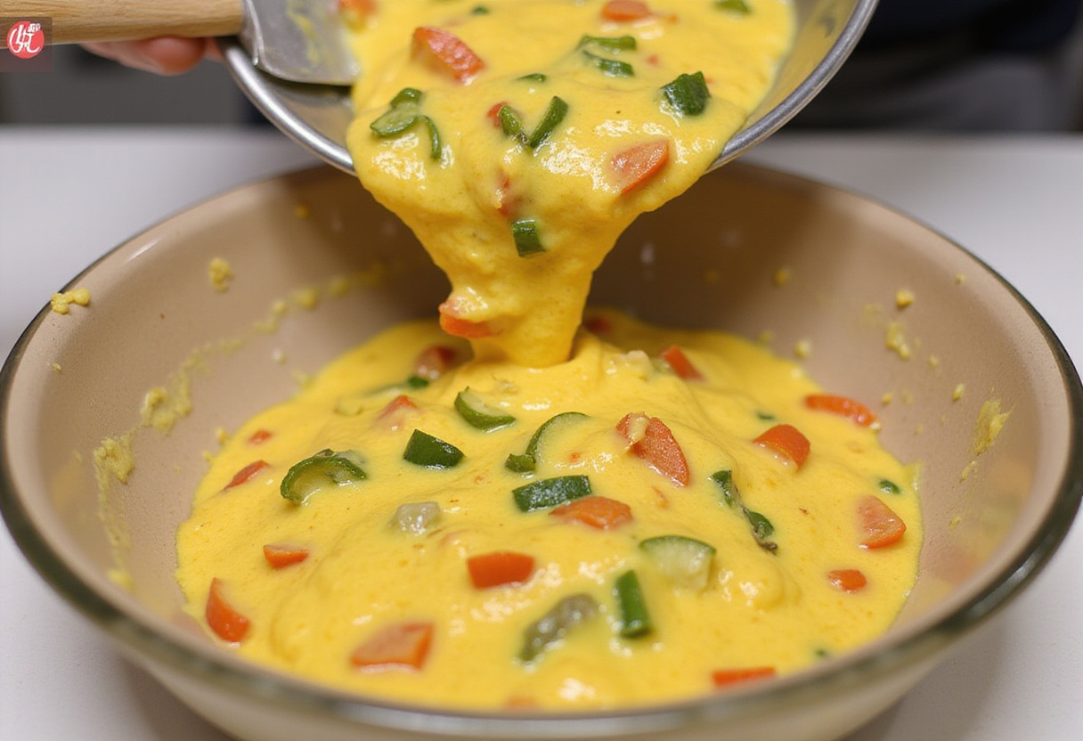 Mezcla de verduras y huevo vertiéndose en un molde para quiche vegetal.