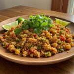 Quinoa mexicana lista para servir, decorada con cilantro y limones, una receta saludable y deliciosa.