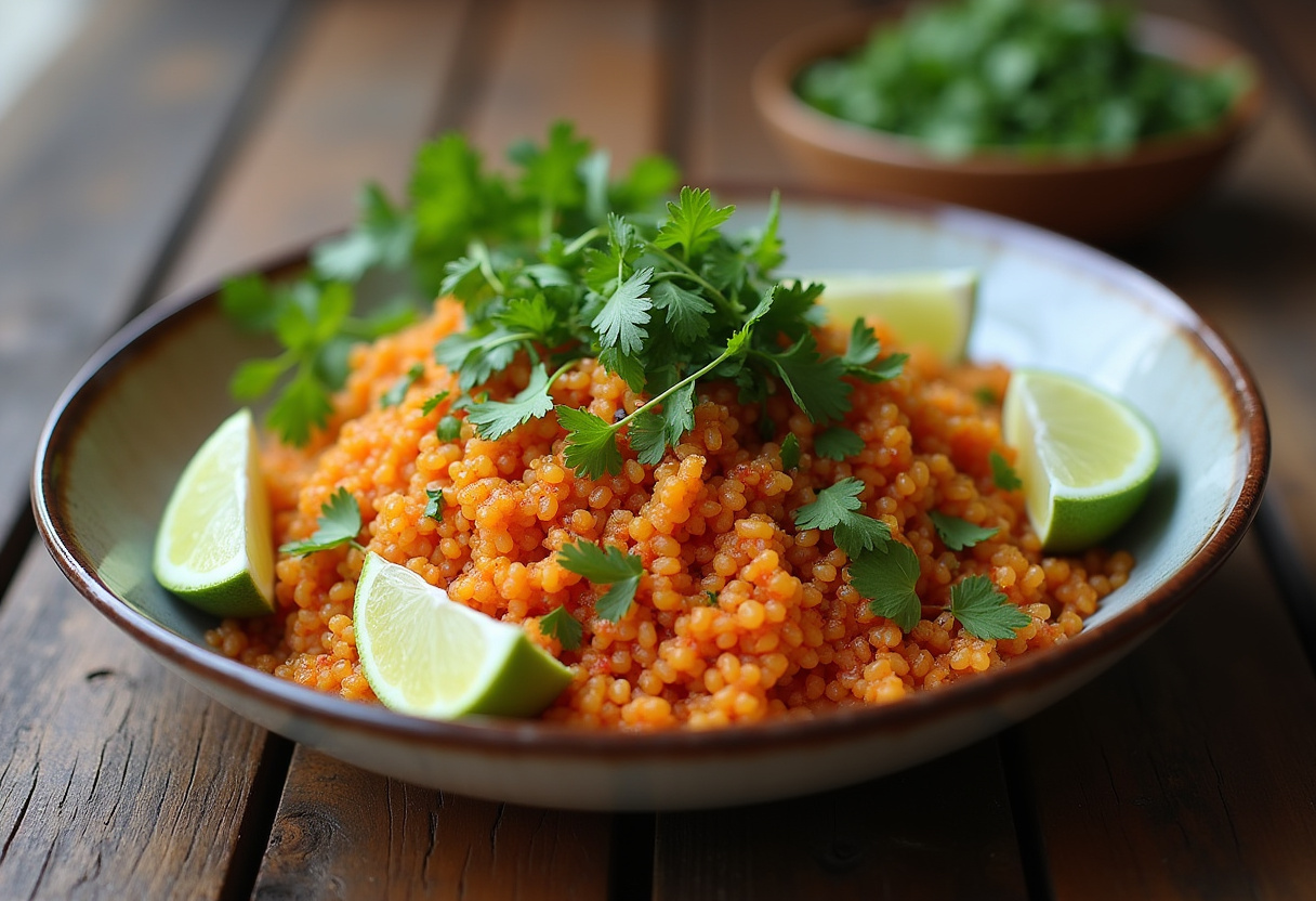 Quinoa mexicana lista para servir, decorada con cilantro y limones, una receta saludable y deliciosa.