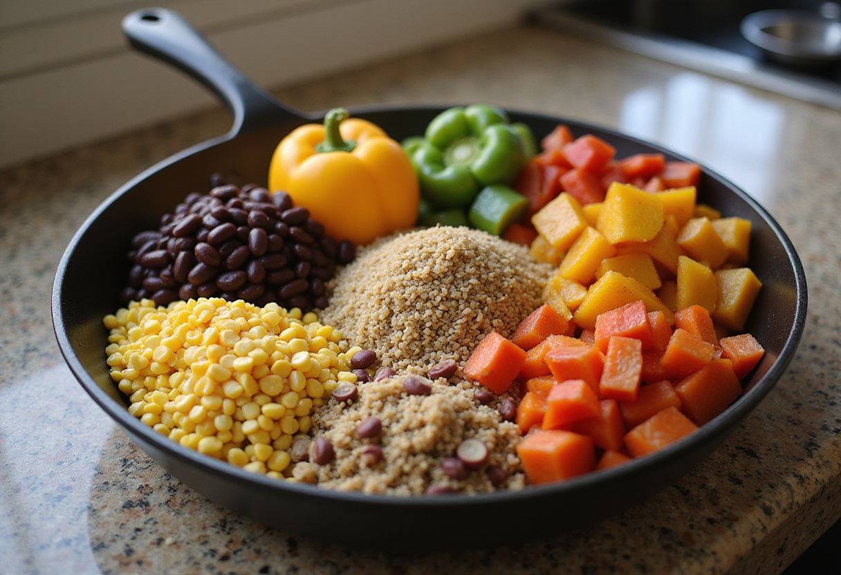 Preparación de ingredientes para quinoa mexicana en una sola sartén, incluyendo pimientos, frijoles negros y maíz.