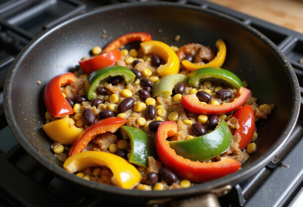 Salteado de pimientos y frijoles negros en una sartén para receta de quinoa mexicana.