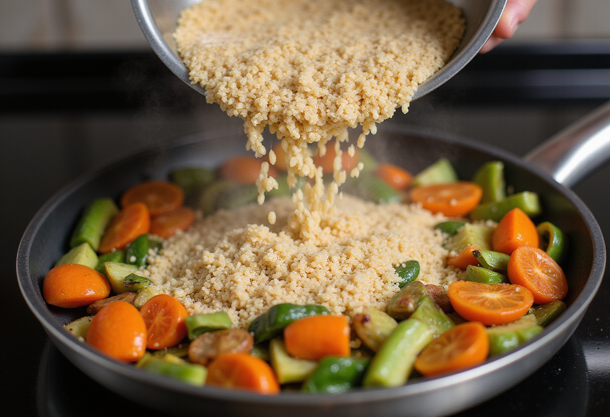 Añadiendo quinoa a la sartén para la preparación de quinoa mexicana fácil con vegetales.