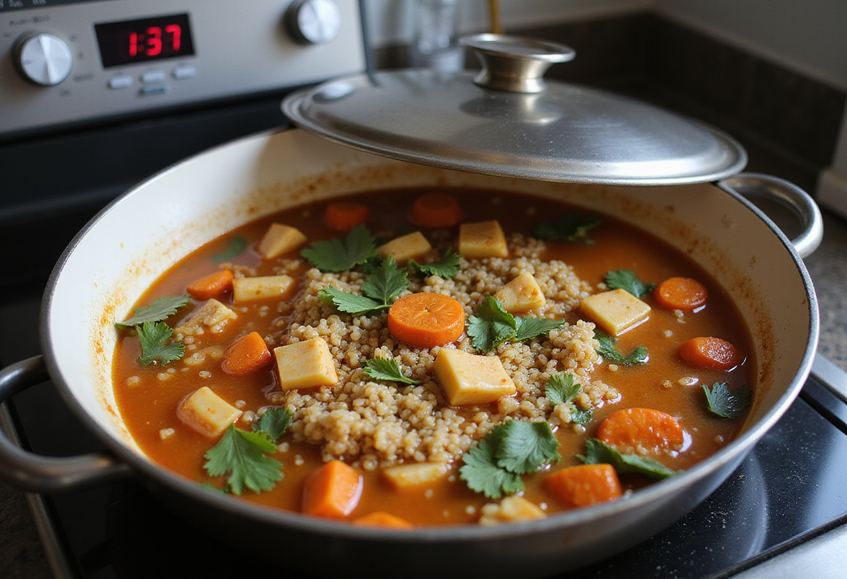 Cocinando quinoa mexicana en una sola sartén con caldo y verduras, lista para servir.