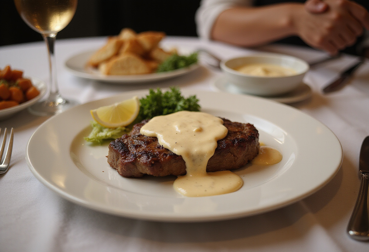Bistec jugoso en salsa cremosa presentado en la mesa, ideal para una cena especial.