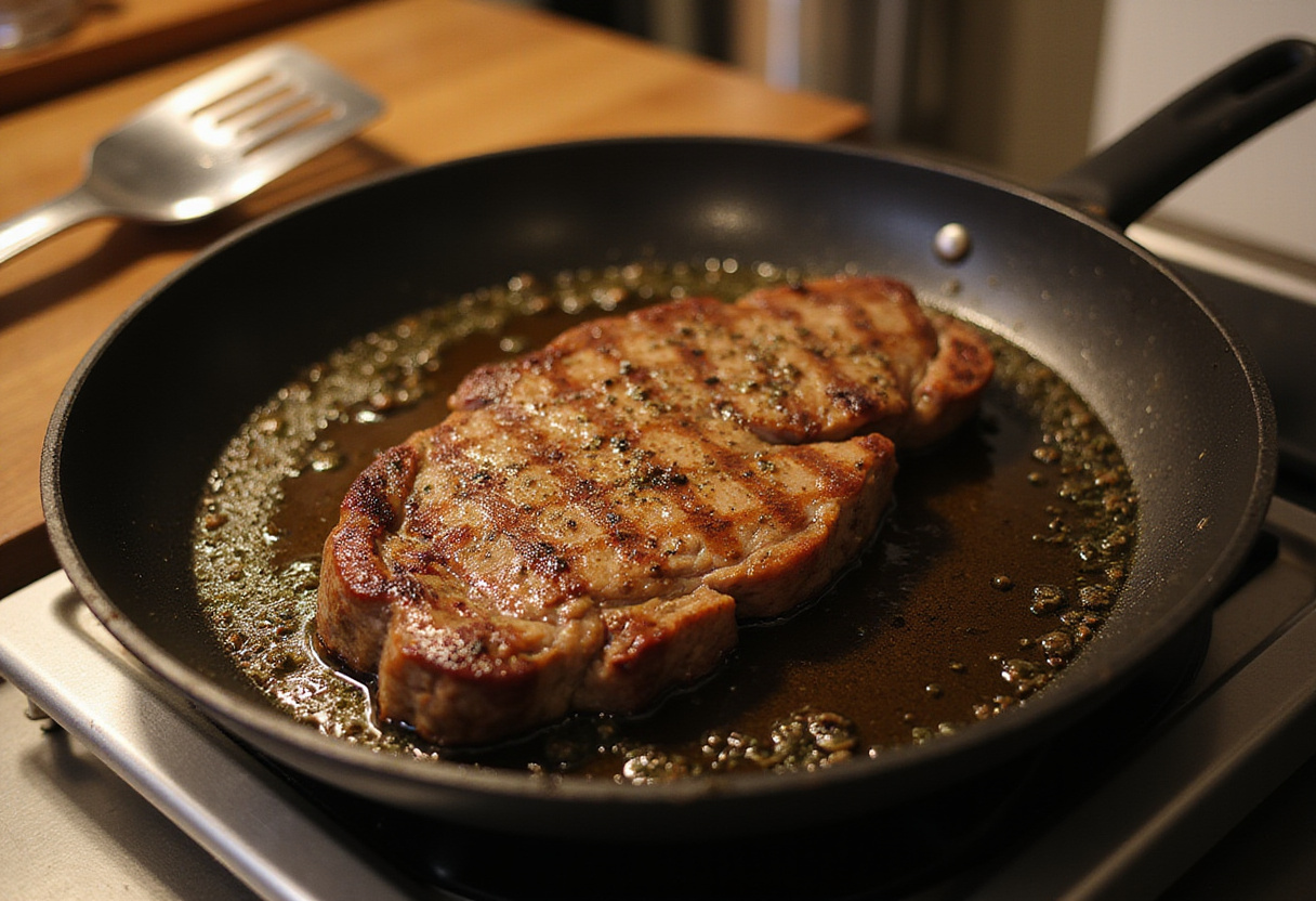 Bistec cremoso cocinándose en una sartén para la receta fácil de bistec en salsa.