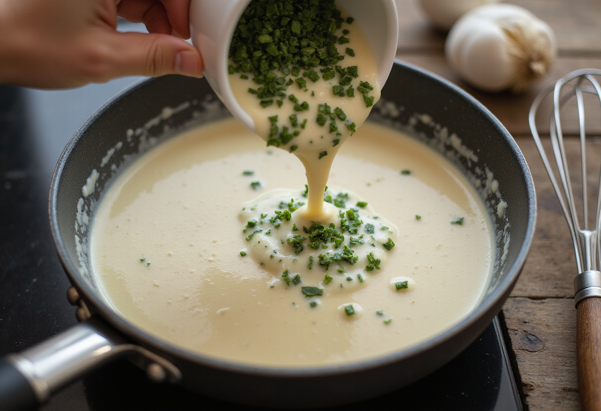 Preparación de una salsa cremosa con ajo y hierbas para el bistec jugoso.
