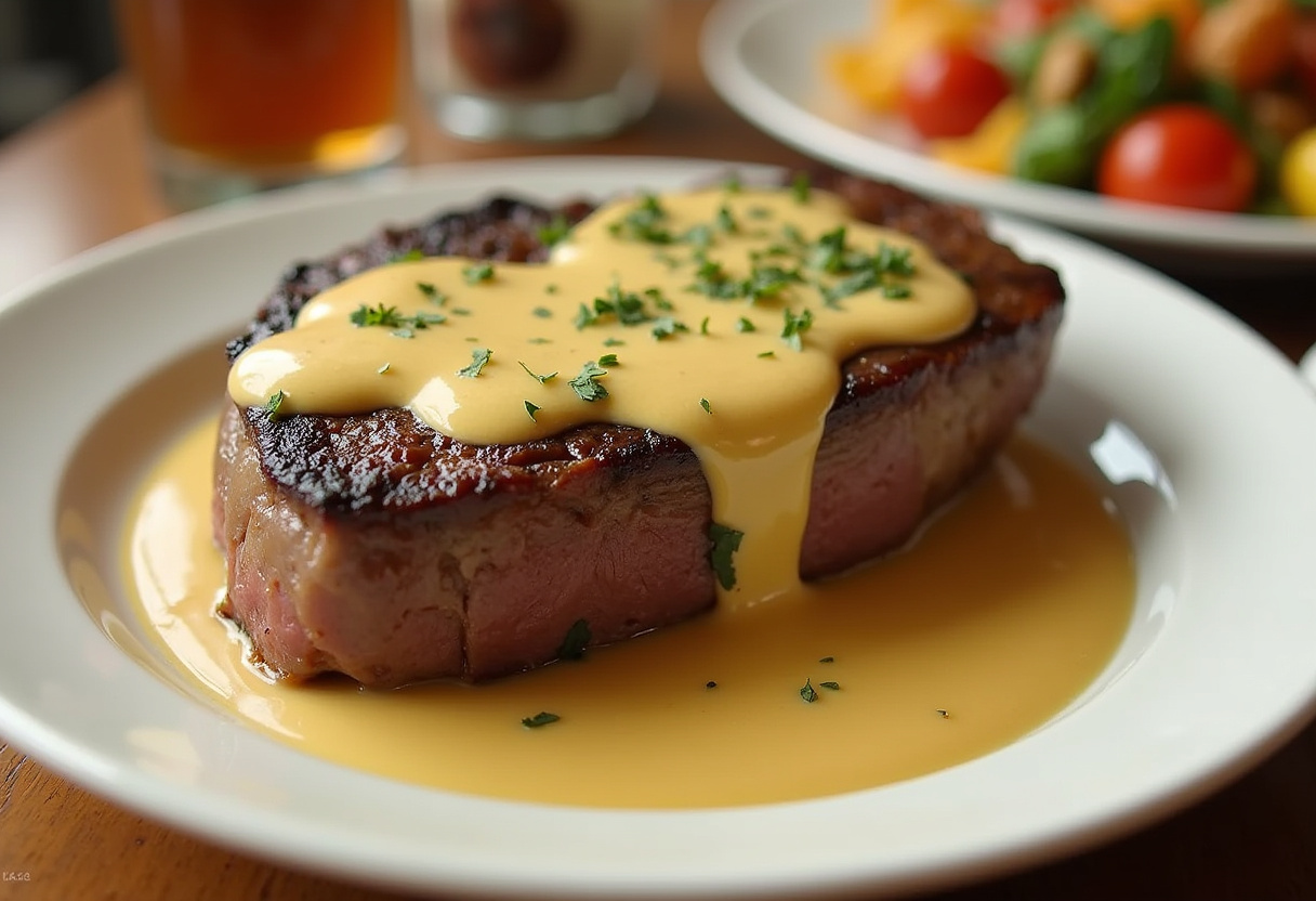 Bistec jugoso servido con salsa cremosa, listo para disfrutar en una comida deliciosa.