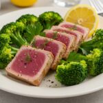Plato de atún saludable con brócoli, listo para disfrutar.