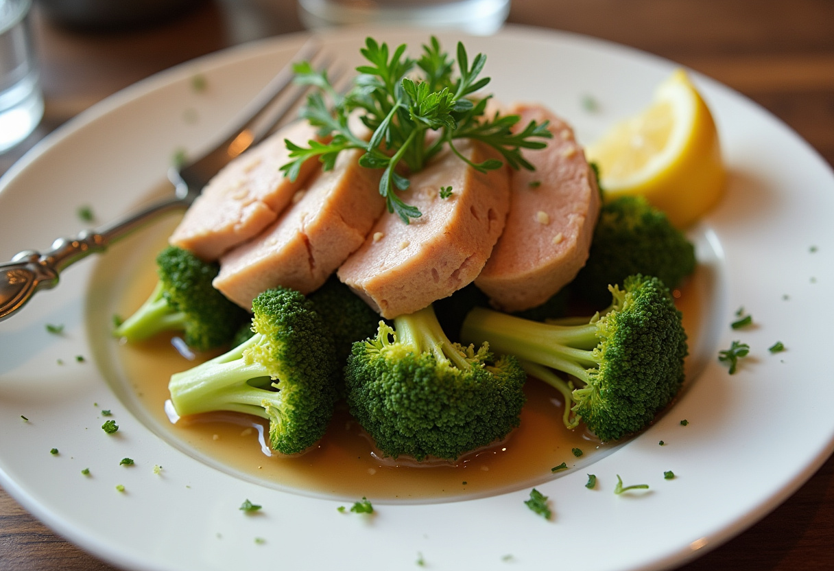 Plato de atún saludable con brócoli, listo para disfrutar.