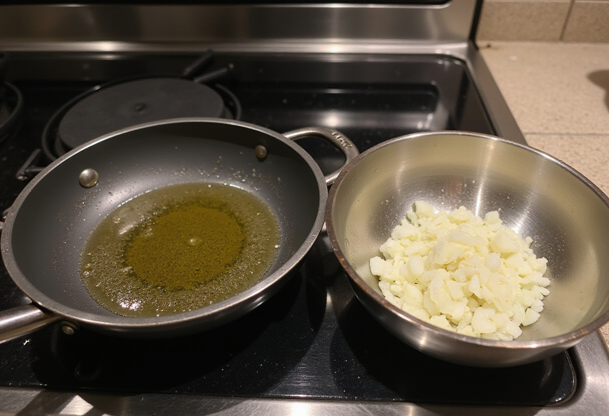 Aceite de oliva caliente en una sartén para la receta de atún saludable.